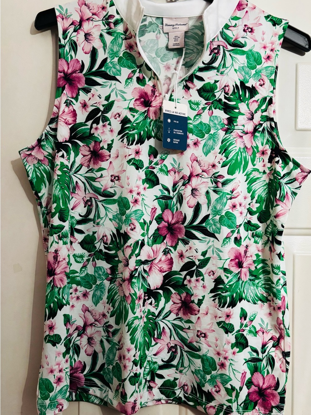 NEW with tags Tommy Bahama Sleeveless Floral Zip Golf Polo Pink & Green
